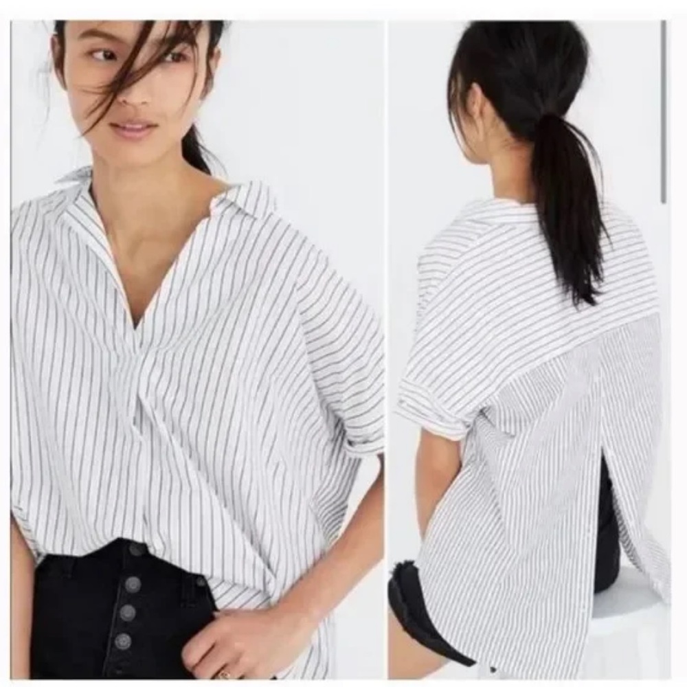 Madewell Courier Button-Back Shirt Black Stripe White 1sided collar 100% cotton